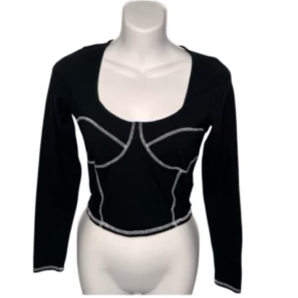 Hollister Black and White Corset Desing Long Sleeve Crop Top Size:M